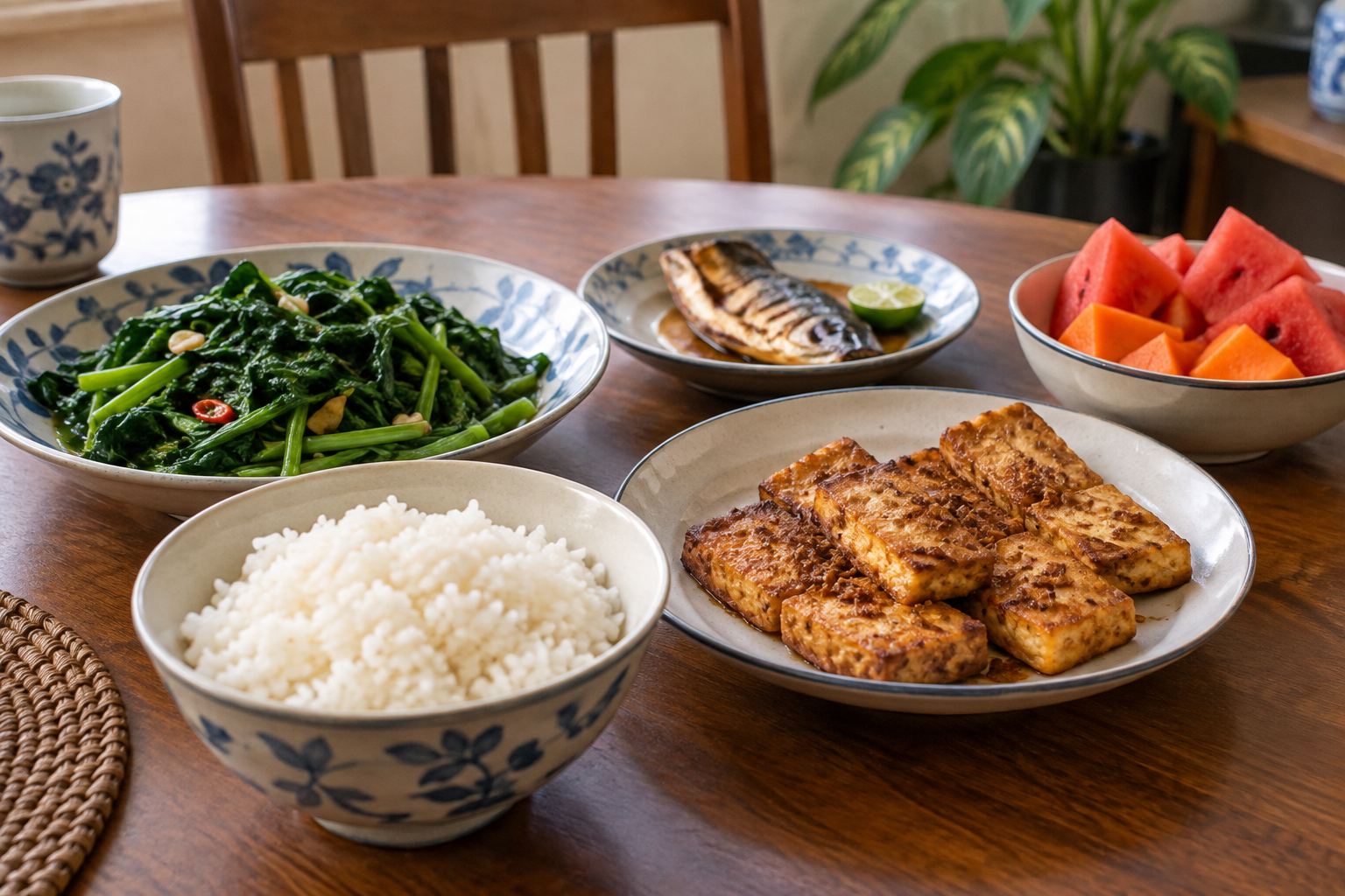 Hidangan gaya rumah dengan nasi, tauhu, ikan, sayur hijau dan buah dalam pinggan berasingan