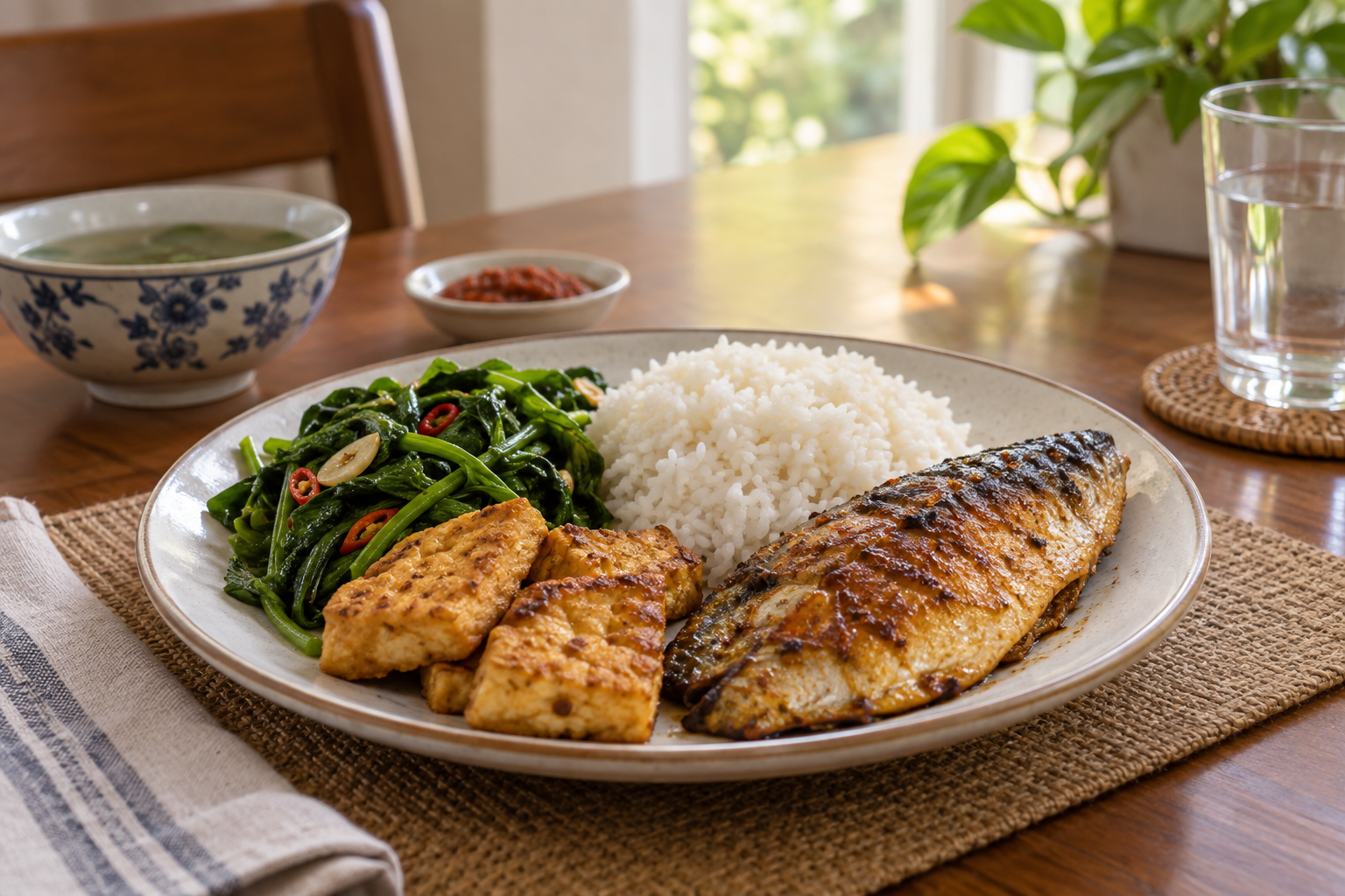 Hidangan gaya rumah dengan nasi, ikan panggang, tauhu dan sayur hijau di atas meja makan